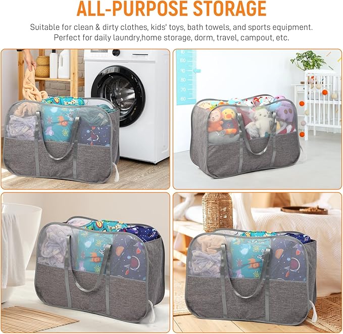 Collapsible Laundry Baskets with 3 Compartment, 150L Tear-proof Pop Up Hamper, Foldable Laundry Basket with Tote Handles, Dirty Clothes Hamper for Laundry, Bedroom, Bathroom, Dorm Grey