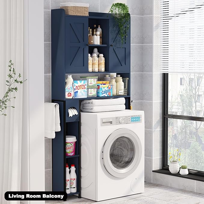 EasyCom Over The Toilet Storage Cabinet with Metal Frame and 7 Storage Shelves, Bathroom Organizer with Adjustable Shelves and Paper Holder, Farmhouse Storage Cabinet for Bathroom, Laundry, Dark Blue