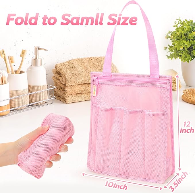 Mesh Shower Caddy Portable, Gym Travel Camp Dorm Room Essentials for Women and College Girl, Pink Bathroom Shower Bag