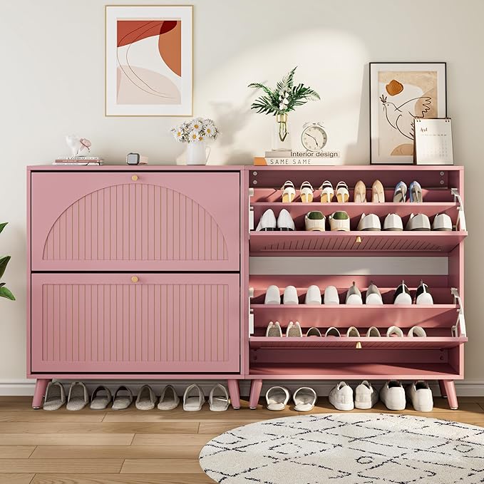 Shoe Storage Cabinet for Entryway with 2 Flip Drawers, Narrow Wood Shoe Cabinet with Fluted Panel, Freestanding Hidden Shoe Organizer for Foyer, Hallway (Pink - with Shelf)
