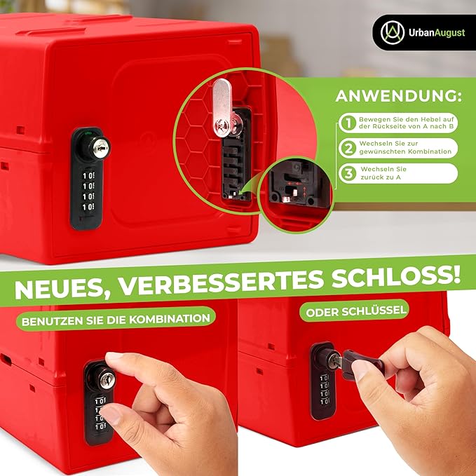 Urban August Dual Combination & Keyed Lockbox - Lockable Box for Everyday Use - Multi-Purpose lock for Home & Office Safety - Made of Industrial-Grade Plastic - One Size (Medical Red)