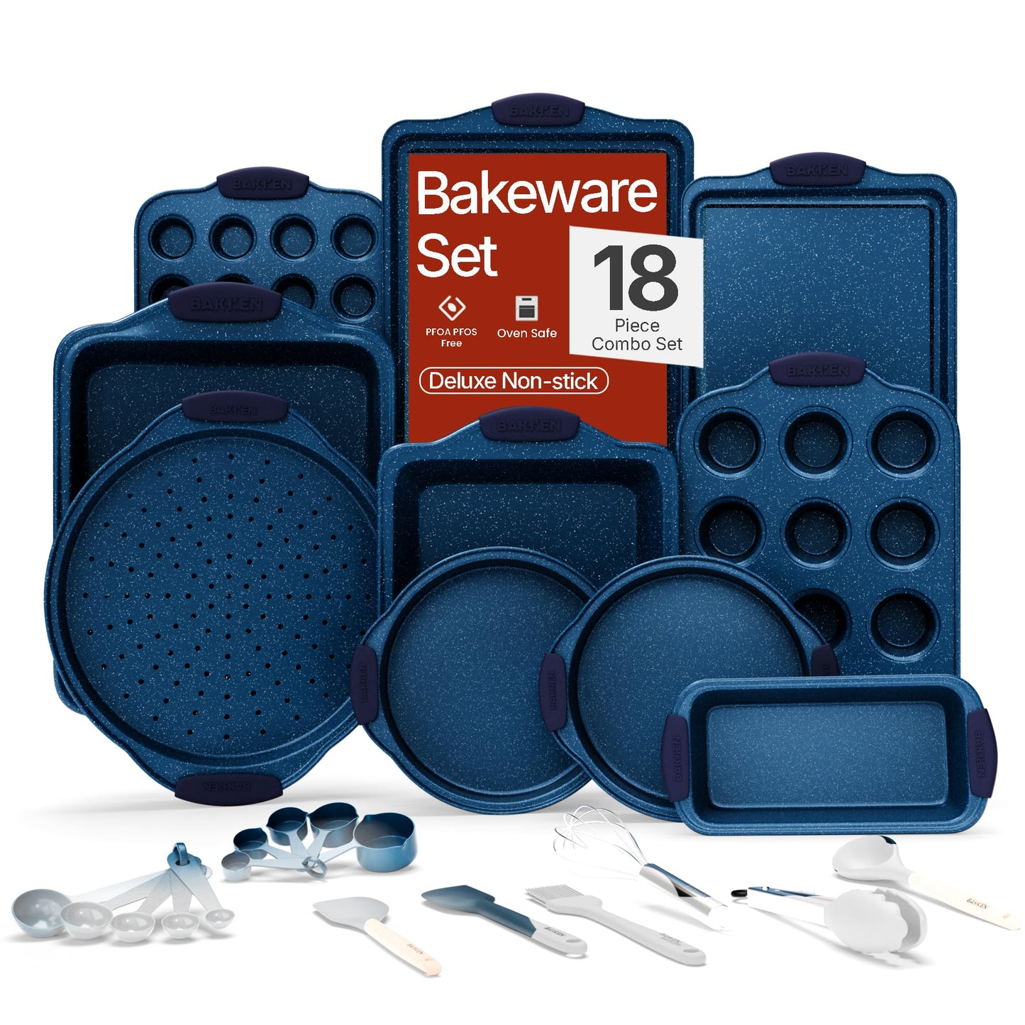 BAKKEN Kitchen Baking Pan Set - Nonstick Coating, Carbon Steel Bakeware Sets with Red Silicone Handles, Baking Kitchen Essentials, PFOA, PFOS, PTFE Free, Oven Safe Tray (Up To 450° F), Set of 18