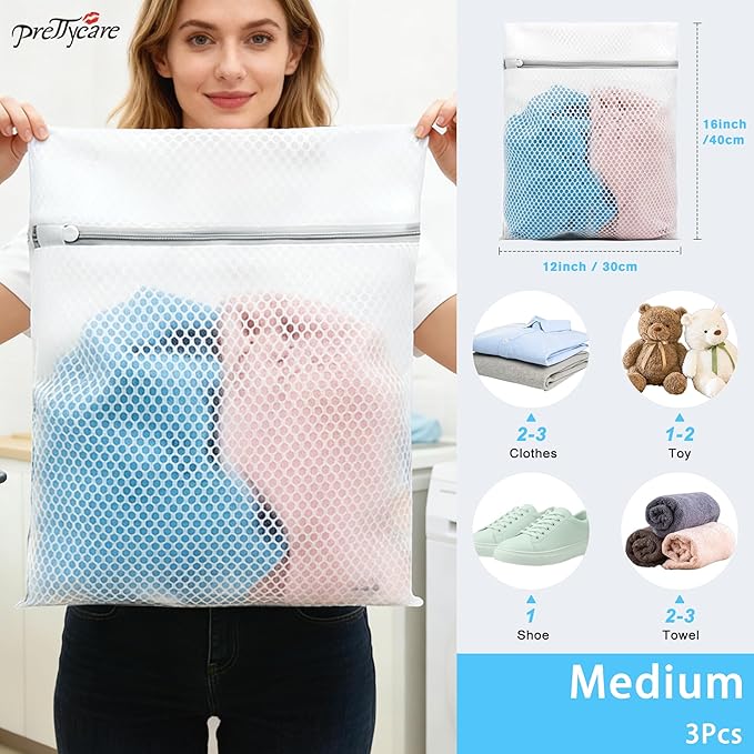 PrettyCare 3 Medium (12 x 16 in) Mesh Laundry Bags for Delicates, Durable Honeycomb Wash Bags with Premium Zippers - Laundry Essentials Mesh Bags for Lingerie, Bras, Socks, Sweater, Travel & Organize