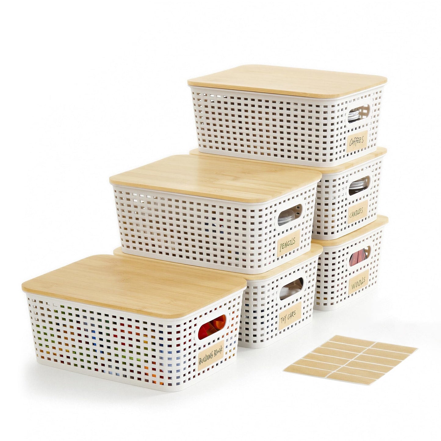 Bagnizer Small Plastic Storage Bins with Bamboo Lids 5.2qt Stackable Box Basket Pantry Decorative Containers Cute with Lable for Organizing Desktop Closet Office Gray of 6 packs 10 * 7.2 * 4.1"