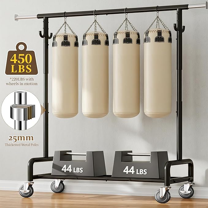 Raybee 75" W Heavy Duty Clothes Rack Load 450 LBS, Metal Garment Storage with Shelf, Lockable Wheels & Anti-Slip Stoppers, Rolling Clothing Rack for Bedroom Laundry Room, Black