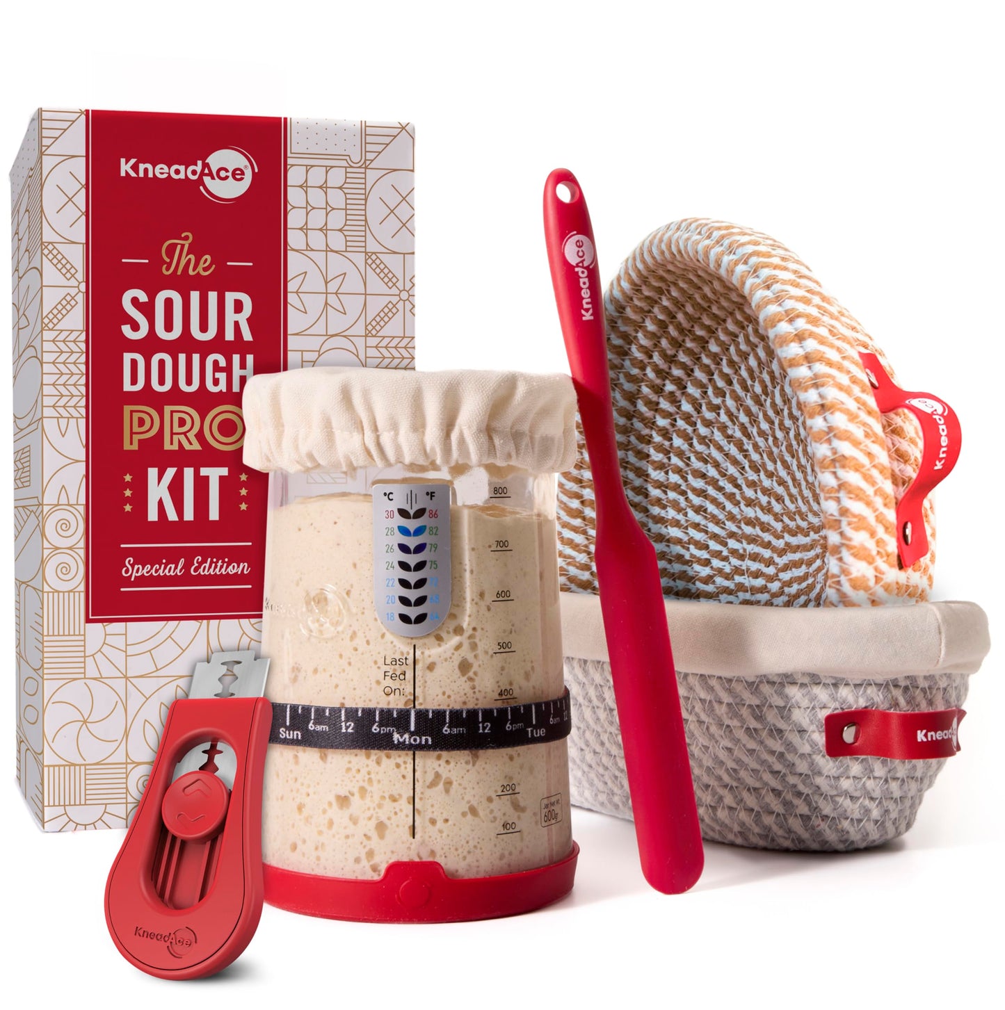 KneadAce Sourdough Starter Kit – 24oz Starter Jar, 2 Cotton Rope Banneton Proofing Baskets, Magnetic Bread Lame for Scoring – Gift for Bakers & Complete Sourdough Bread Baking Set