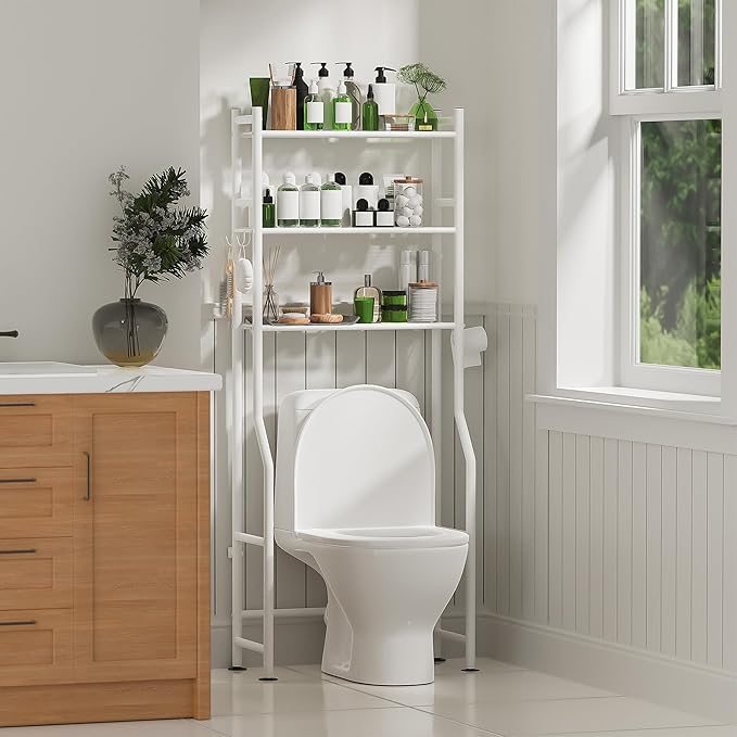 3-Tier Over The Toilet Storage with Paper Holder, Metal Bathroom Organizers and Storage for Small Space, Freestanding Bathroom Shelves with 4 Hooks, Above The Toilet Storage Shelf (White)