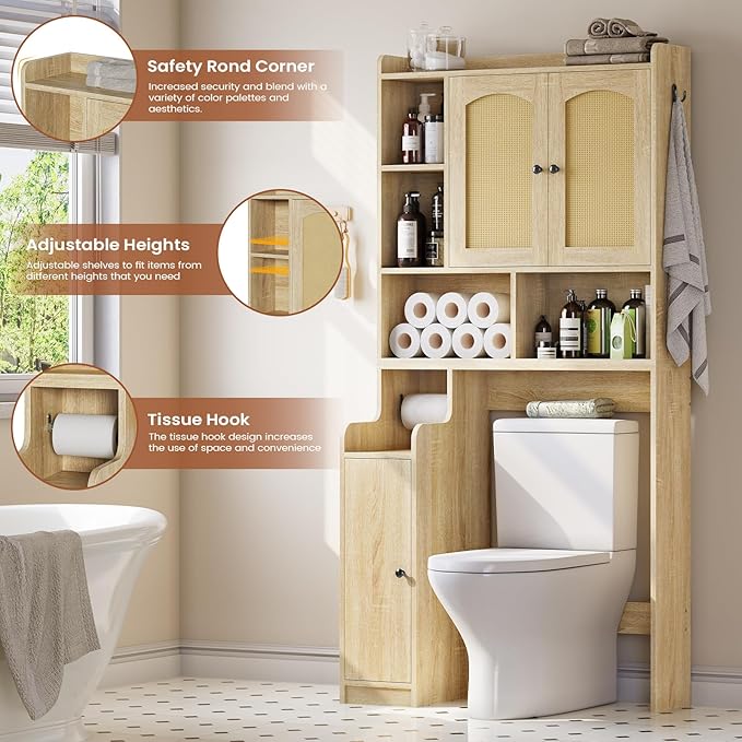 Itaar Over The Toilet Storage Cabinet, Farmhouse Rattan Bathroom Cabinet, Over Toilet Bathroom Organizer with Rattan Barn Doors & Toilet Paper Holder Stand, for Restroom, Laundry