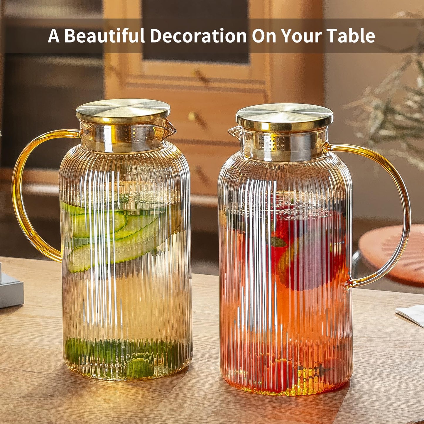 Buaic 2 PACK Glass Pitcher with Lid, 68 oz Glass Carafe with Silicone Base