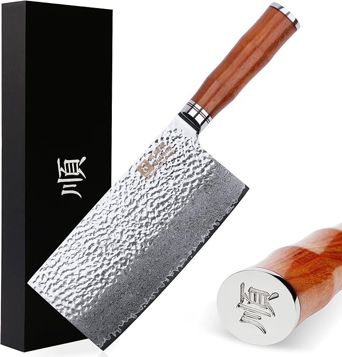 SUNLONG Meat Cleaver 7 inch Chinese Vegetable Cleaver -Japanese Hammered Damascus Steel-Bloodwood Handle