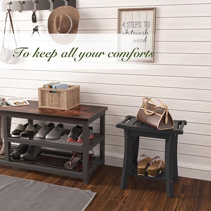 Bamboo Shower Bench Inside Shower Stool with Storage Shelf, Spa Bath Chair for Bathroom, Seat or Organizer for Living Room, Bedroom and Garden - Great for All Ages Unisex Elderly (Small, Black)
