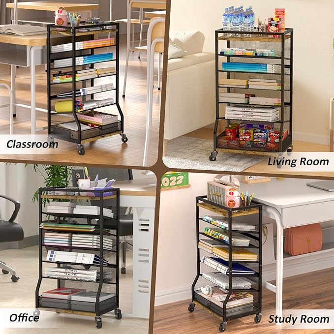 7 Tier Rolling File Cart with Sliding Trays, Wood Metal File Organizer Beside Desk, Free-Standing File Holder, Paper Letter Tray Organizer Mesh Desk Organizer for Home Office School (Patent)