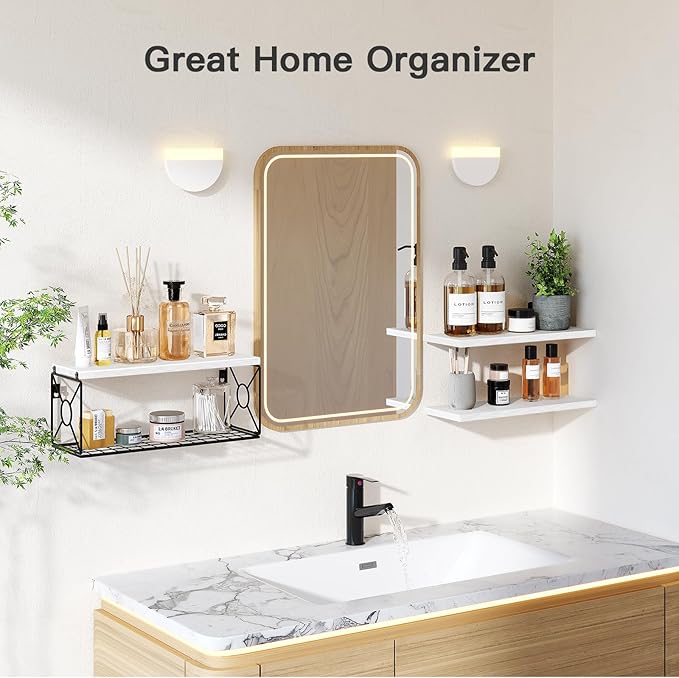 Amada Bathroom Shelves Over Toilet with Storage Basket, Floating Wall Shelf for Home Organization & Wall Decor, Bathroom/Kitchen/Living Room Shelves–White