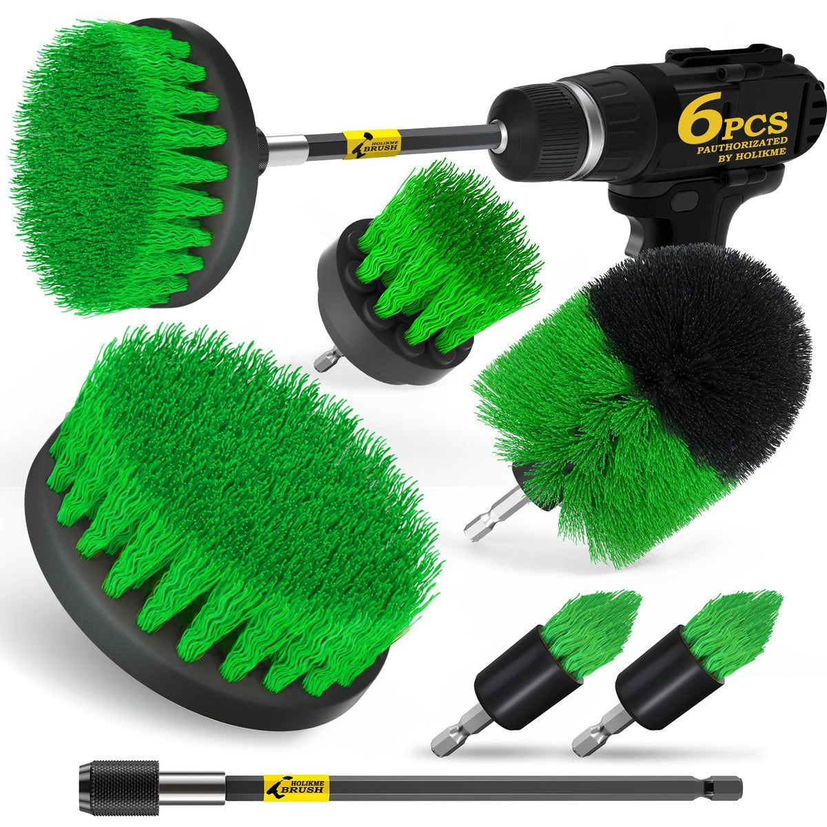 Holikme 6Pack Drill Brush Power Scrubber Cleaning Brush Extended Long Attachment Set All Purpose Drill Scrub Brushes Kit for Grout, Floor, Tub, Shower, Tile, Bathroom and Kitchen Surface,Yellow
