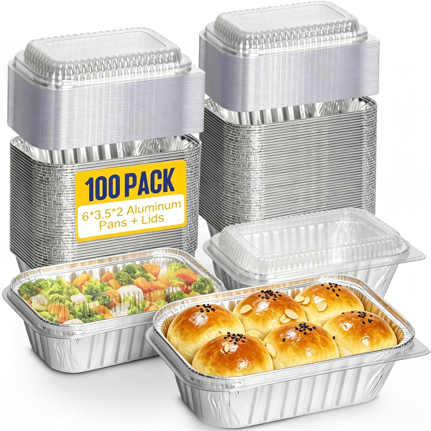 Alfolic Small Aluminum Pans with Lids, 50 Pack 1 lb Disposable Aluminum Loaf Pans 6x3.5x2 Inch, Tin Foil Pans Cookware for Baking Cakes, Bread, Meatloaf, Mini