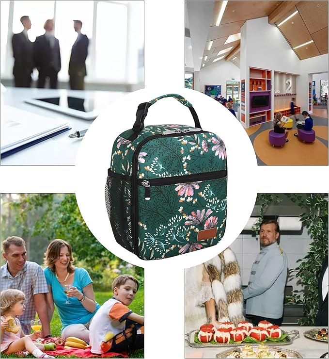 Femuar Lunch Box for Men Women Adults Small Lunch Bag for Office Work Picnic - Reusable Portable Lunchbox, Malachite Green Flower
