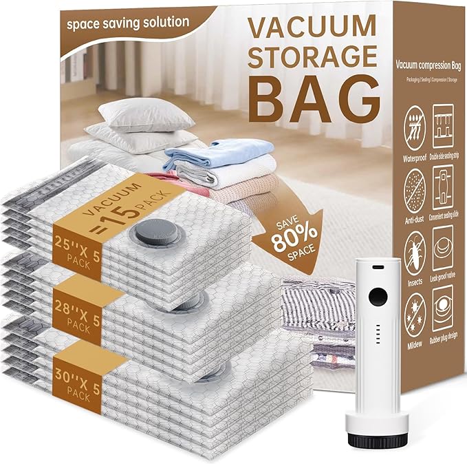 Vacuum Bags for Travel with Wireless Rechargeable Pump, 15 Pack Carry-on Size Compression Packing Seal Bags for Luggage and Suitcase, Space Saver Vacuum Storage Bags for Clothes and Clothing Travel