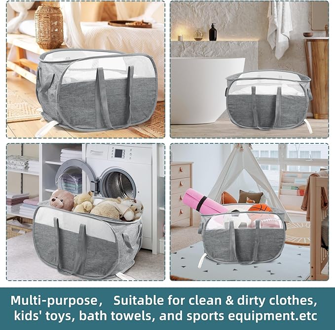 Collapsible Laundry Baskets, Tear Proof Pop Up Laundry Hamper with Dual Handles, Durable Foldable Laundry Basket, Easy to Carry Laundry Hamper for Home, Laundry Room, Bedroom, Dorm, Travel Grey