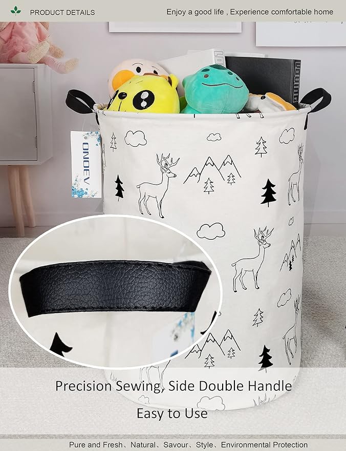 Round Fabric Storage Bin,Decorative Basket,Organizer Basket with Handles,for Clothes Storage,books and sundries(Forest deer), 19.7inch(H) x 15.7inch(D)