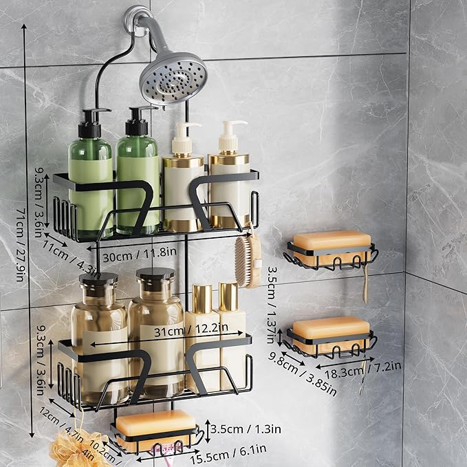 Shower Caddy Hanging with 3 Soap Holder - Over the Shower Head Caddy for Bathroom Organization(for Bathroom Organization, 24 Side Hooks, 3 Razor Holder
