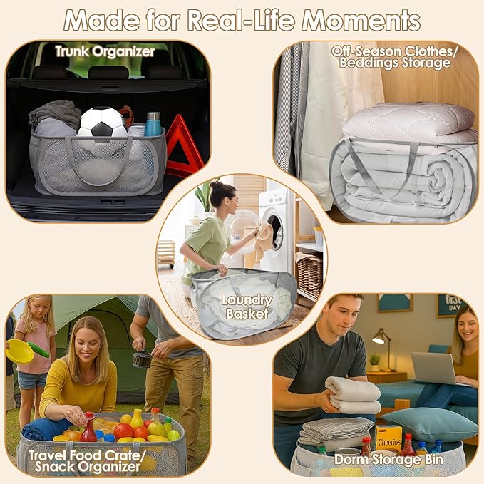 Upgraded Collapsible Laundry Baskets, Durable Pop Up Laundry Hamper, 4th Generation Mesh Laundry Bags with Reinforced Handles & Side Pocket for Laundry, Home Storage, Bathroom, Travel, Dorm