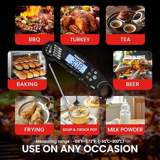 Digital Meat Thermometer, Waterproof Instant Read Cooking Thermometer with LCD Backlight, Magnetic Back for Kitchen, Baking, Sous Vide, Outdoor Grilling,Candy