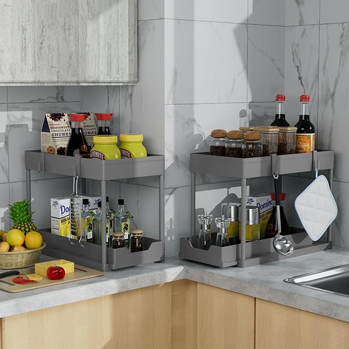 DEKAVA Under Sink Organizer 2 Pack,Bathroom Cabinet Organizer,2 Tier Sliding Cabinet Basket Organizer Drawer, Multi-Purpose Bath Collection Baskets for Bathroom (Grey)