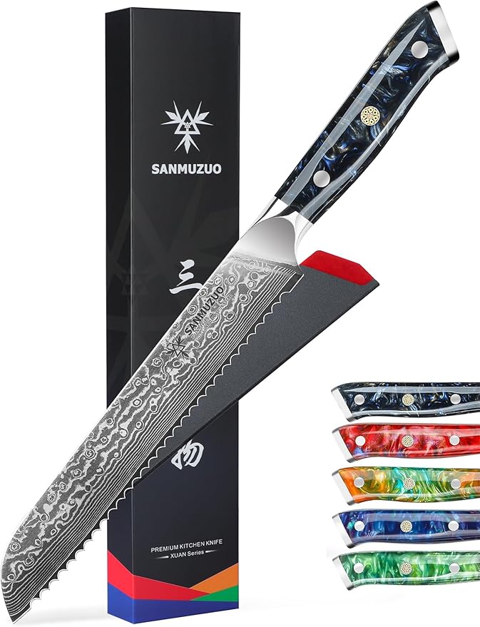SANMUZUO 8” Bread Knife Serrated Kitchen Chef Knife- Damascus Steel & Resin Handle - Xuan Series (Sapphire Blue)