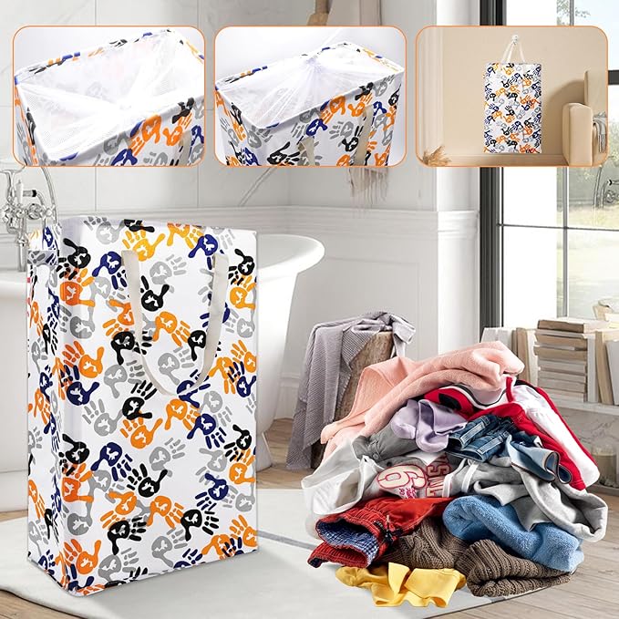 Odonata Slim Laundry Hamper Handles Collapsible Laundry Basket Thin Dirty Clothes Basket Narrow Laundry Bag Foldable Dirty Hamper 48L (Palm)