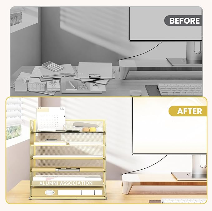 Daltack 6 Tier Paper Organizer for Desk, Paper Letter Tray Organizer for Desks, Mesh Desk File Organizers with Handle for Office, Home, School, Gold