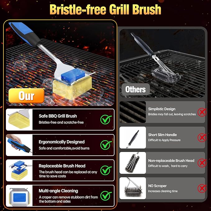 Grill Brush Bristle Free for Outdoor Grill,BBQ Grill Cleaner Brush and Scraper with Replaceable Head,Safe Steam Cleaning 17'' Long Handle Grilling Accessories for Cast Iron Stainless Steel Grates,Blue