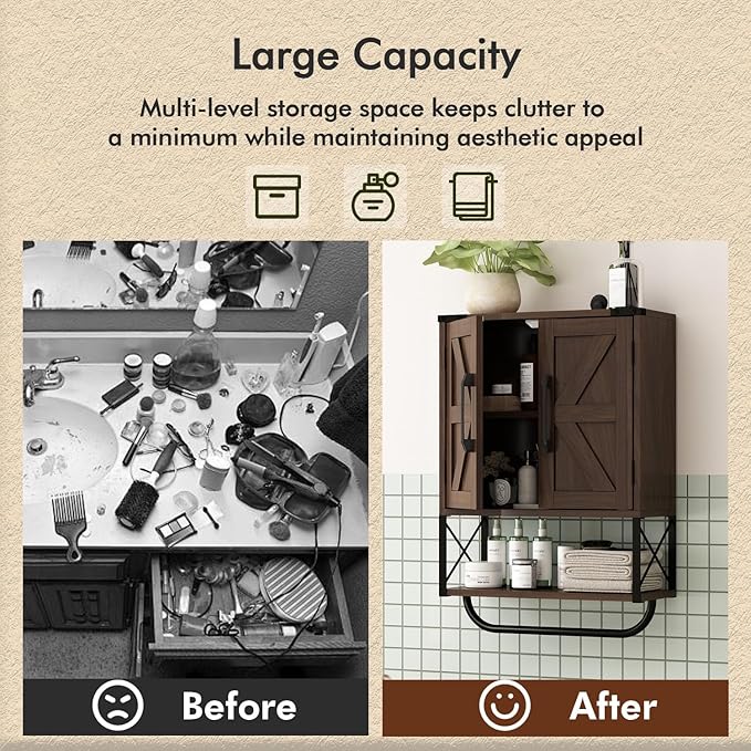 RUSTOWN Farmhouse Rustic Medicine Cabinet with Two Barn Door,Wood Wall Mounted Storage Cabinet with Adjustable Shelf and Towel Bar, 3-Tier Cabinet for Bathroom(Dark Walnut)