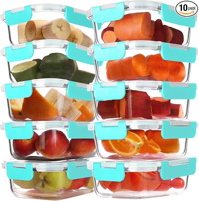 BAYZZ 10 Pack 22 oz Glass Meal Prep Containers, Glass Food Storage Containers with Airtight Lids, BPA-Free, Freezer and Microwave Safe