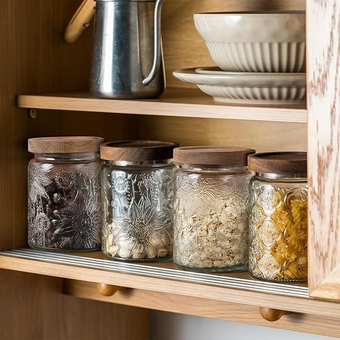 24 OZ Airtight Glass Storage Jar with Bamboo Lid - Vintage Glass Jar Vintage Food Containers Canisters Set for Kitchen Counter & Pantry - Ideal for Sugar, Flour, Coffee, Tea, Candy, Oats -4 Pack