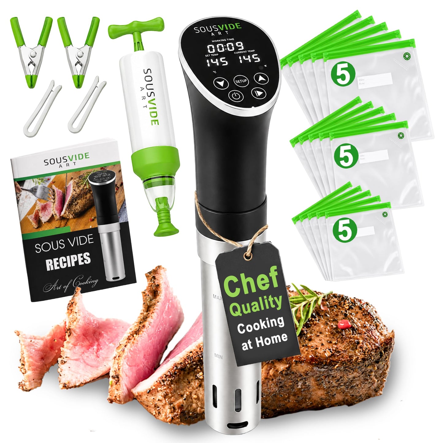 SOUSVIDE ART Sous Vide Cooker Kit - 1000W Immersion Circulator - 15 Vacuum Bags, Pump, Digital Timer and Temperature Control; Complete Sous Vide Machine Cooking Kit for Home Chefs and Beginners