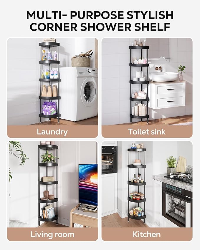 Nieifi Corner Shower Caddy Stand-5 Tier Rustproof Anodized Aluminum Standing Shower Organizer-Shower Caddy Corner-Dual Stability to Anti-Shaking-Height-Adjustable Legs for Uneven Surfaces-Black
