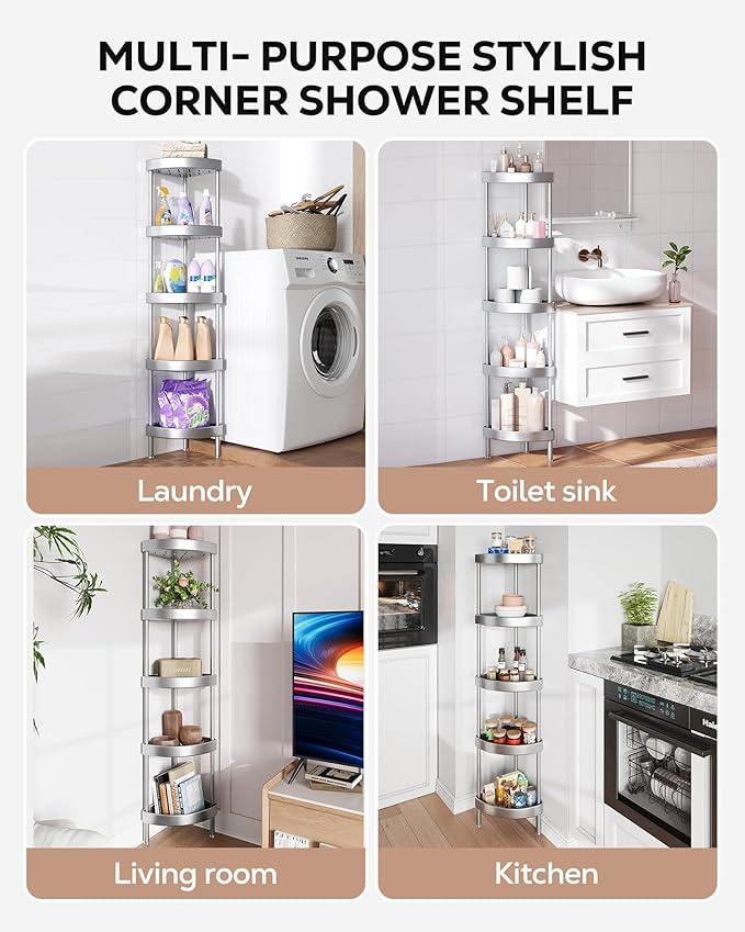 Nieifi Corner Shower Caddy Stand-5 Tier Rustproof Anodized Aluminum Standing Shower Organizer-Shower Caddy Corner-Dual Stability to Anti-Shaking-Height-Adjustable Legs for Uneven Surfaces-Silver