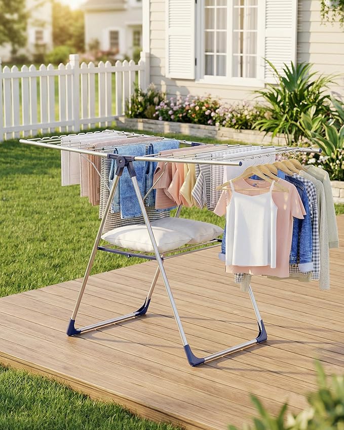Clothes Drying Rack with Height-Adjustable Wings, Metal Foldable Laundry Dryer Stand for Clothing & Bedding, Free-Standing Collapsible for Indoor & Outdoor Use, 55.5" L × 22.8" W, Silver Blue