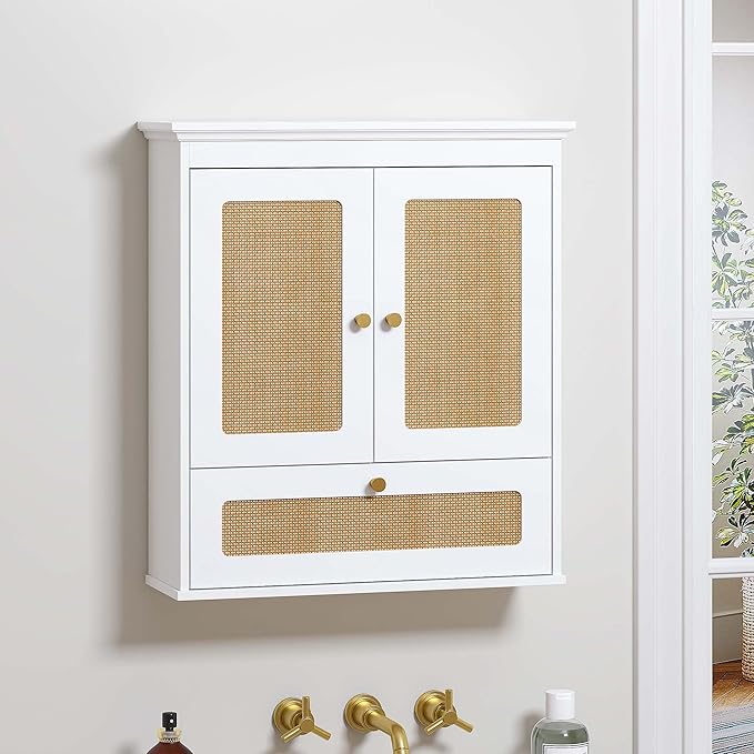 Spirich Bathroom Wall Cabinet Over Toilet, Boho Rattan Medicine Cabinet with Adjustable Shelf, Space-Saving Wall Mount Storage