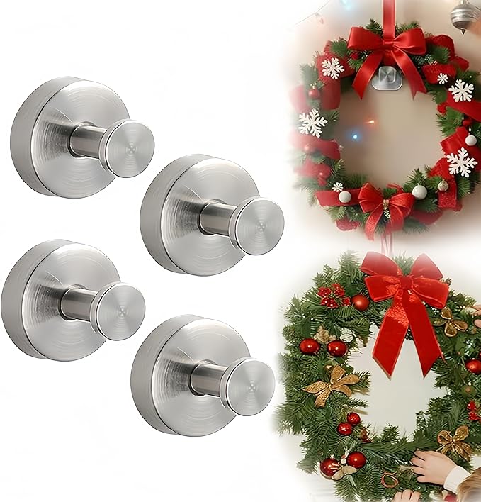 Suction Cup Hooks for Wreaths on Glass, 2026 Upgrade No Drill Towel Hooks Stainless Steel Waterproof Suction Cup Hooks, Wreath Hanger for Front Door for Kitchen, Bedroom (4, White)