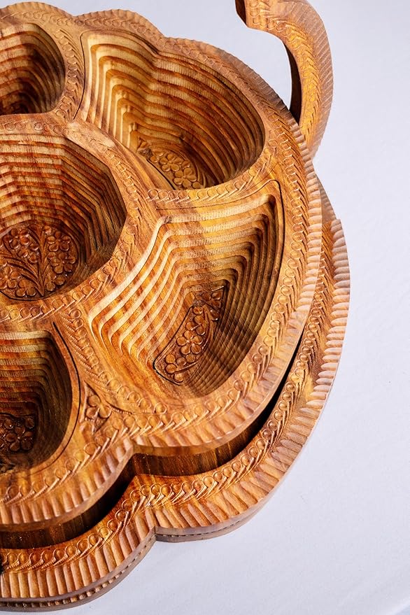 Morefordecor Handmade 18″ Collapsible Wooden Basket, 6-Compartment Paisley Design in Himalayan Rosewood – Fruit Basket, Bread Bowl & Trivet – Folds Flat for Easy Storage – Unique Centerpiece & Gift