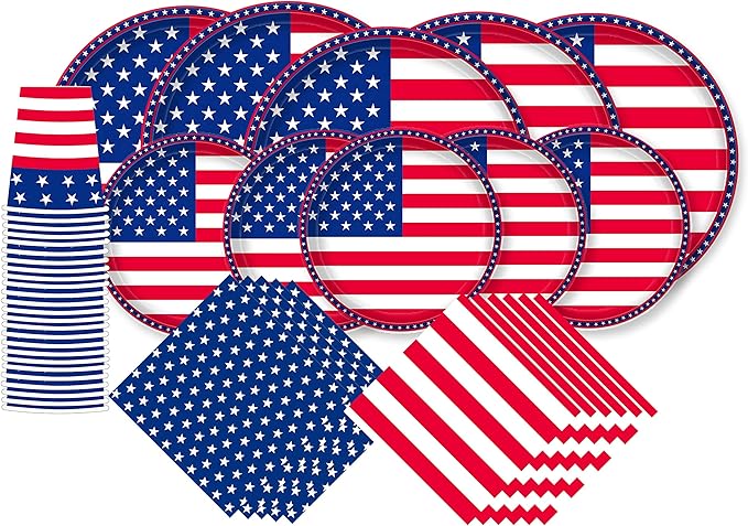 Gatherfun American Flag Patriotic Party Supplies Disposable Napkins and Paper Plates for Veterans Day Election Day 4th of July Independence Day Decorations, Serve 50