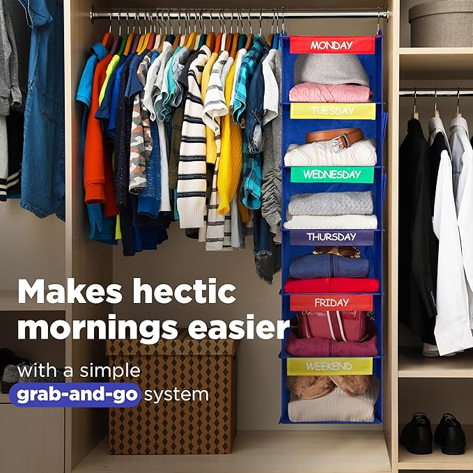 Handy Laundry Hanging Clothes Organizer for Kids - 6-Shelf Closet Daily Clothing Organization Labeled Shelves with Days of The Week Monday Through Friday, Weekday and Weekend (Blue)