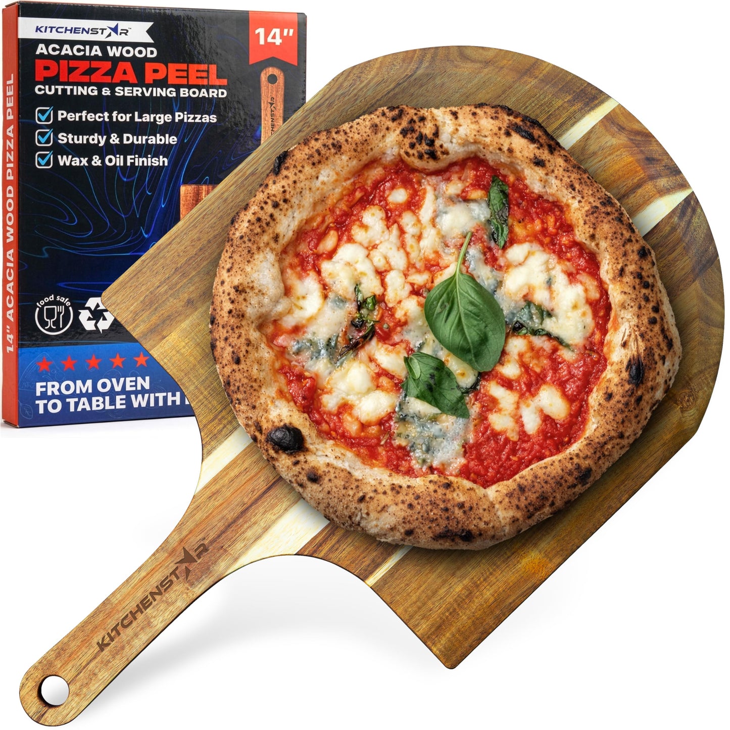 KitchenStar 16-Inch Acacia Wood Pizza Peel – Extra Large Wooden Cutting & Serving Board with Handle – Natural Oil Finish – Ideal Pizza Oven Accessory for Easy Sliding & Prep