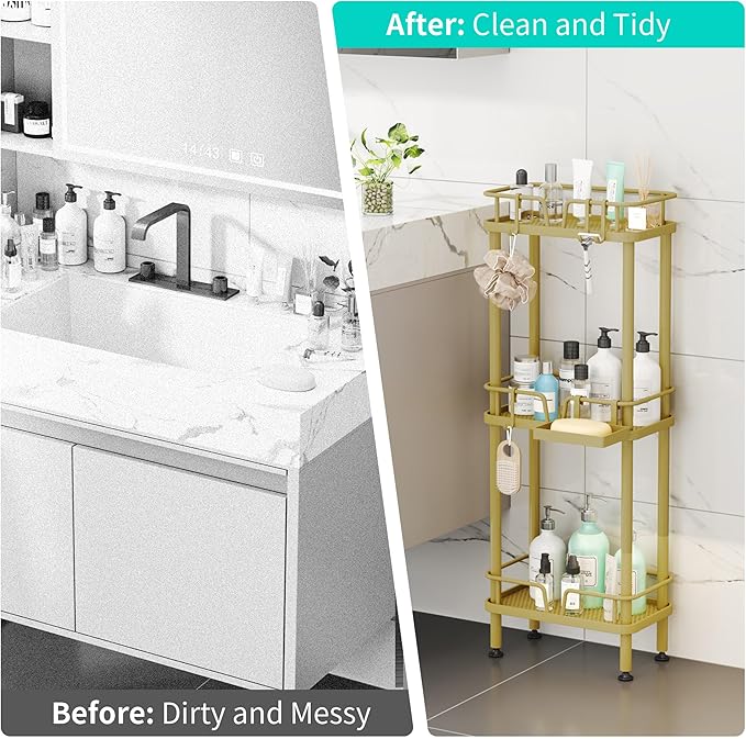 HapiRm Standing Corner Shower Caddy - 3 Tier Corner Shower Organizer with Soap Holder, Rustproof Stainless Steel Bathroom Shelf with 4 Hooks, Gold