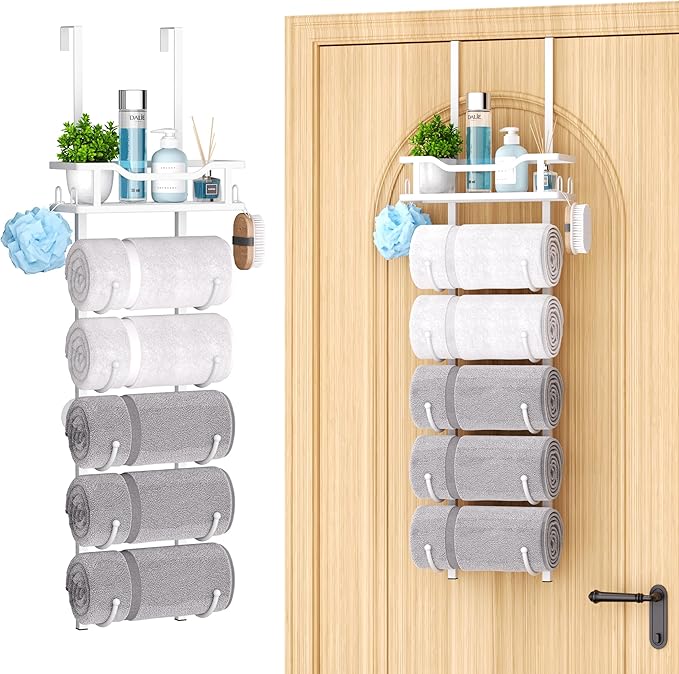 SWTYMIKI Over The Door Towel Rack - 6 Tier Towel Racks for Bathroom Wall Mounted, Towel Holder with Shelf, Hanging Rolled Towel Storage Organizer for Small Bathroom, Camper, RV, White