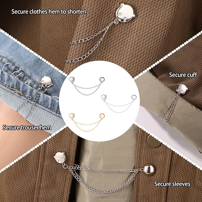 6pcs Magnetic Clothing Clips with Chain, Multi-Function Magnet Button Pins Hijab Cuff Clips for Fixing Hem of Clothes Long Pants Legs Sleeves of Shirts