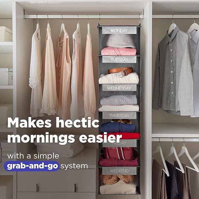 Handy Laundry Hanging Clothes Organizer for Kids - 6-Shelf Closet Daily Clothing Organization Labeled Shelves with Days of The Week Monday Through Friday, Weekday and Weekend (Grey)