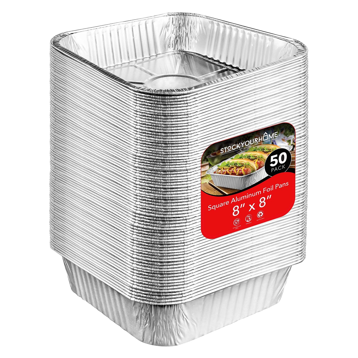 Stock Your Home 8x8 Foil Pans (50 Pack) 8 Inch Square Aluminum Pans - Foil Pans - Disposable Food Containers Great for Baking Cake, Cooking, Heating, Storing, Prepping Food