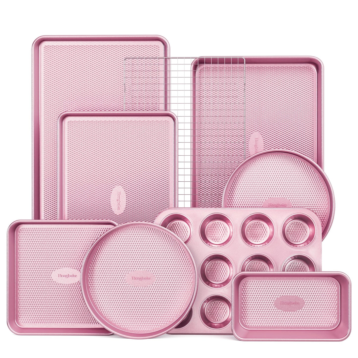 HONGBAKE 9-Piece Baking Pans Set Nonstick, Stackable Non Toxic Bakeware Sets with Diamond Texture, Oven Pan Set for Cooking, Includes Cookie Sheet with Rack, Cake Pan, Roasting Pan, Muffin Tin, Pink